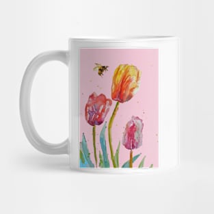 Tulip Flower Watercolor Painting and Bee on Blush Pink Mug